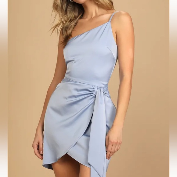 Lulus “Meant to Be Together Light Blue Satin One-Shoulder Mini Dress” NWT - Picture 2 of 6